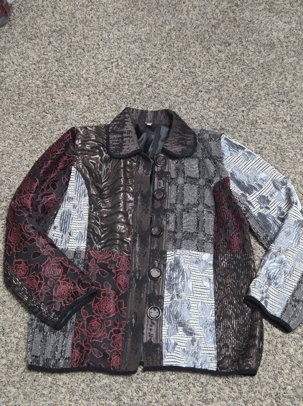 Mixed-Panel Lightweight Button Jacket in Black, Gray & Burgundy